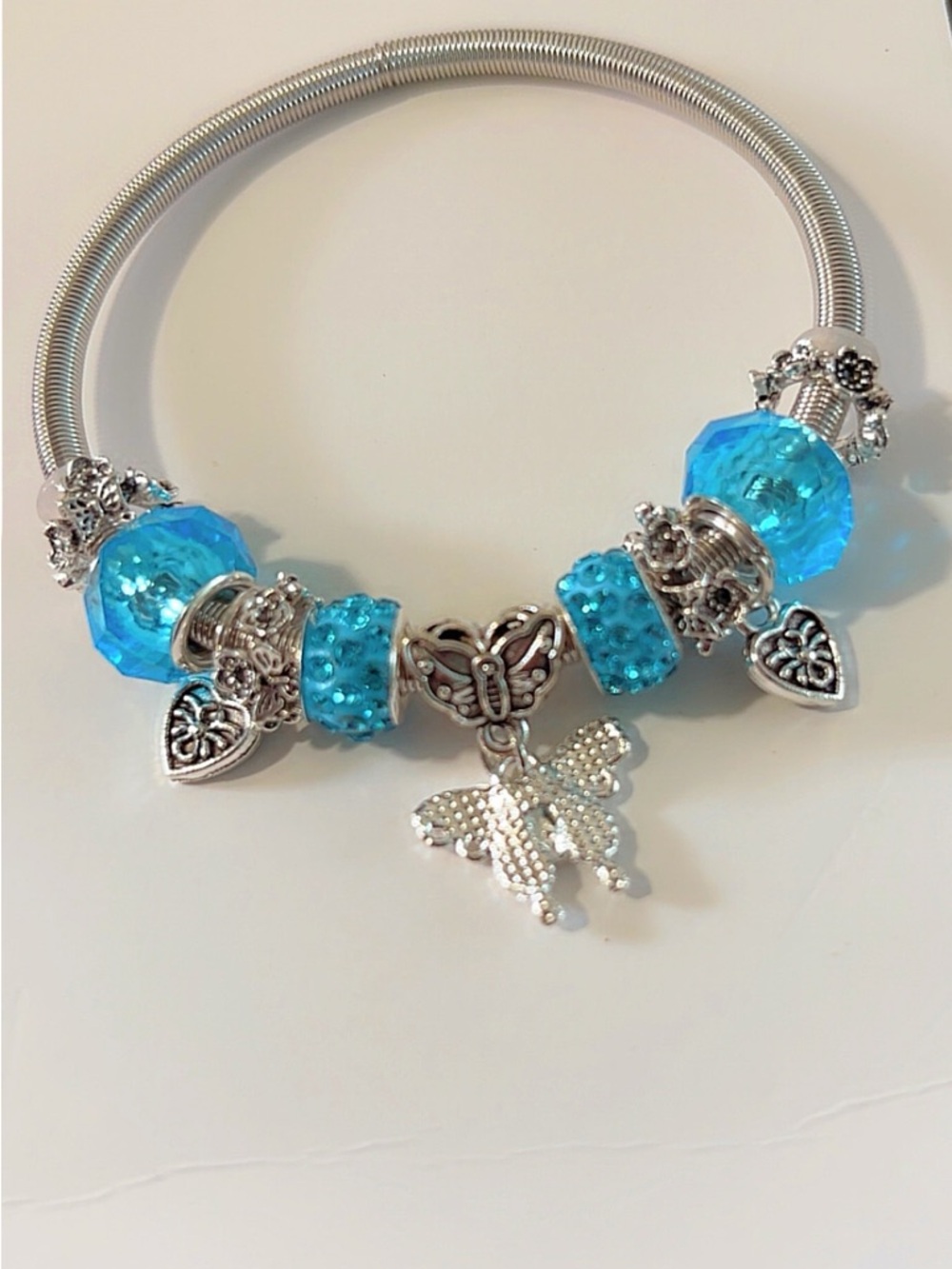 Silver Butterfly Charm Bracelet with Bright Blue Beads